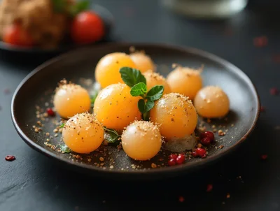 Gourmet Melon Ball Salad on Dark Plate