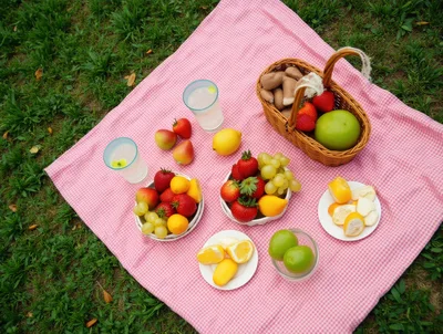 Picnic Setup With Fresh Fruit And Drinks On A Blanket