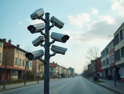 Multiple Surveillance Cameras Mounted On A Street Pole