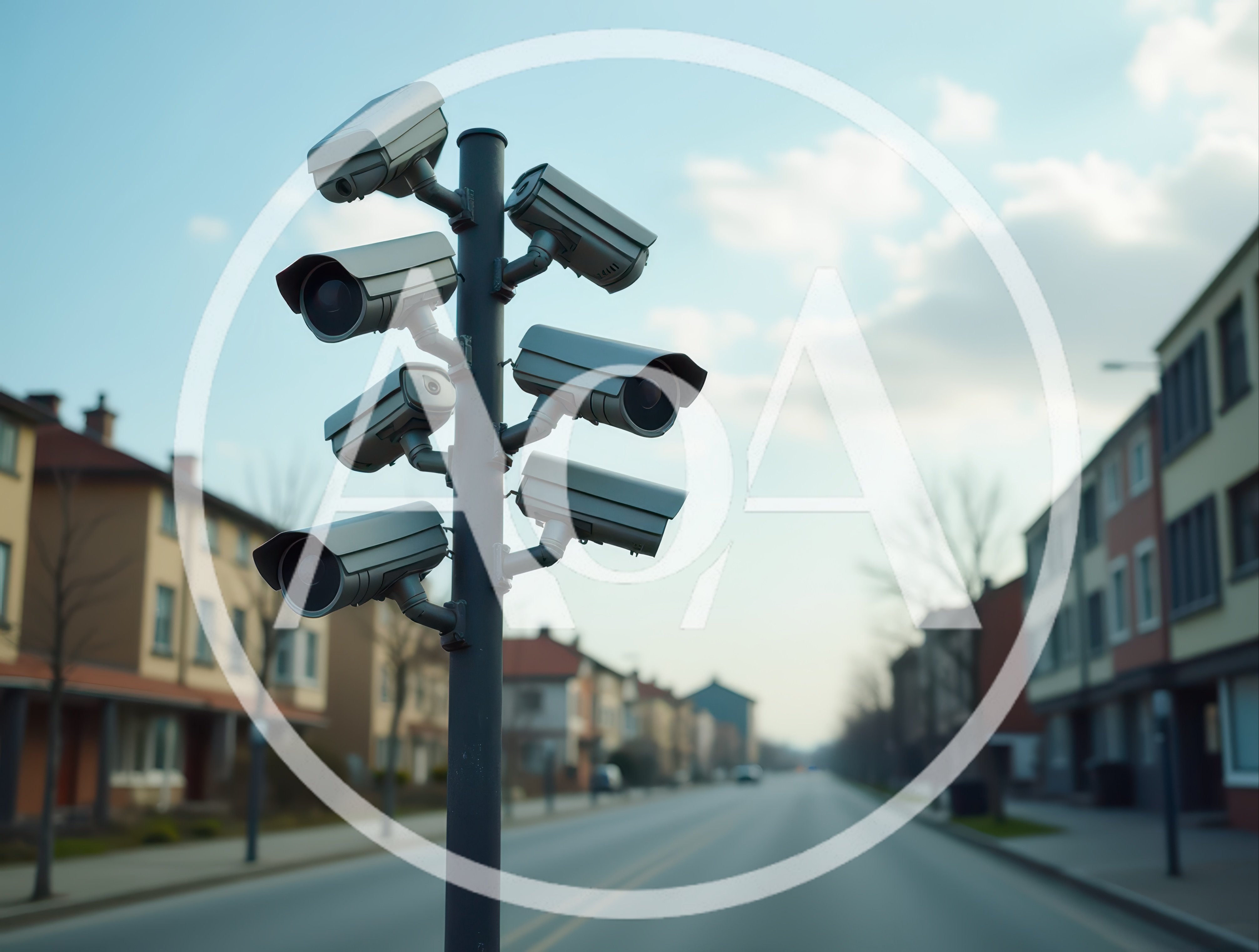 Multiple Surveillance Cameras Mounted On A Street Pole
