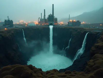 Industrial Factory Discharging Water Into A Deep Canyon