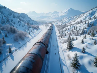 Aerial View Of A Pipeline Through Snowy Mountains