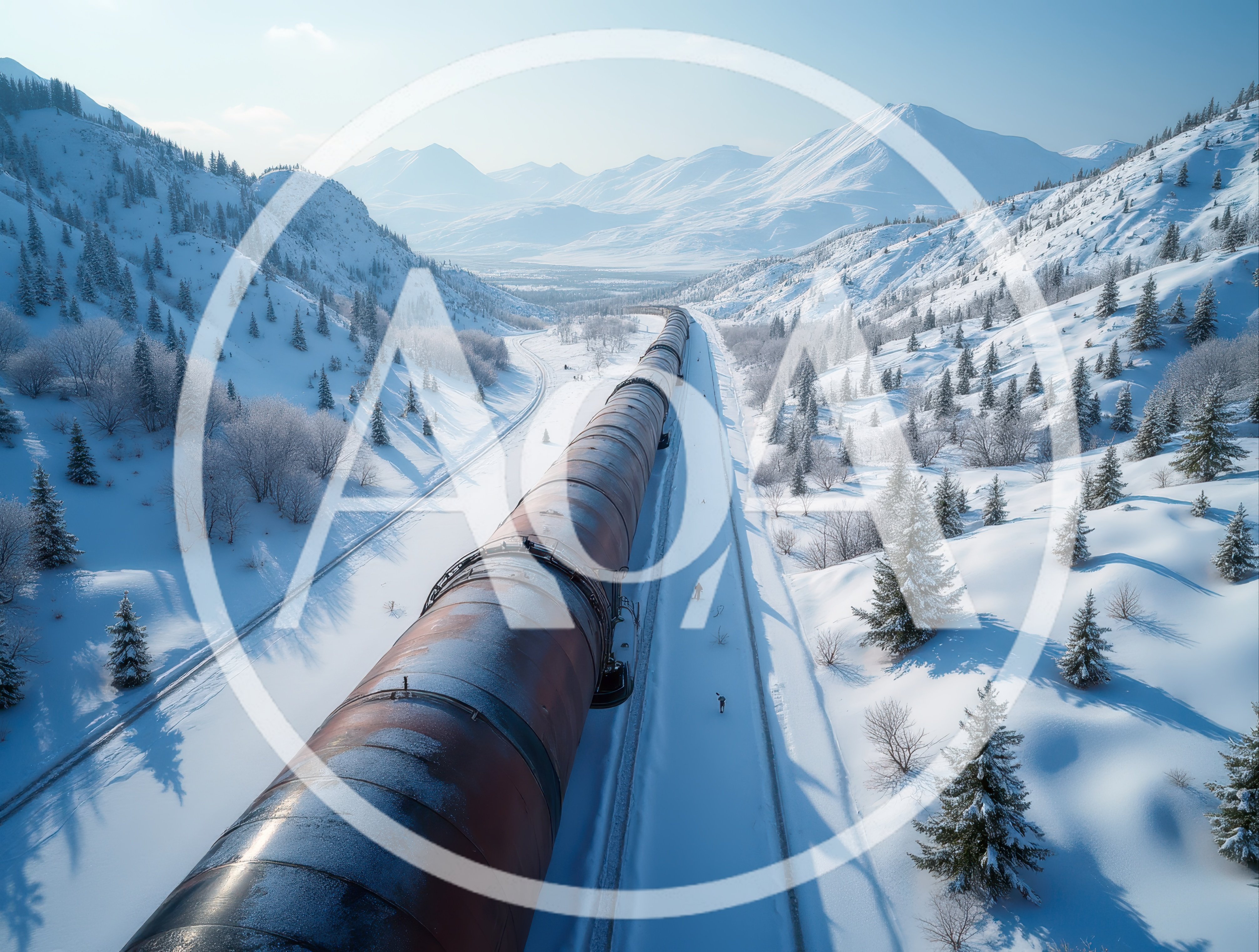 Aerial View Of A Pipeline Through Snowy Mountains