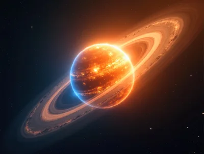 Glowing Exoplanet With Rings In Deep Space