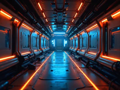 Futuristic Sci-Fi Corridor With Glowing Orange And Blue Lights