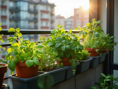 Potted Herb Garden on a Sunny Apartment Balcony