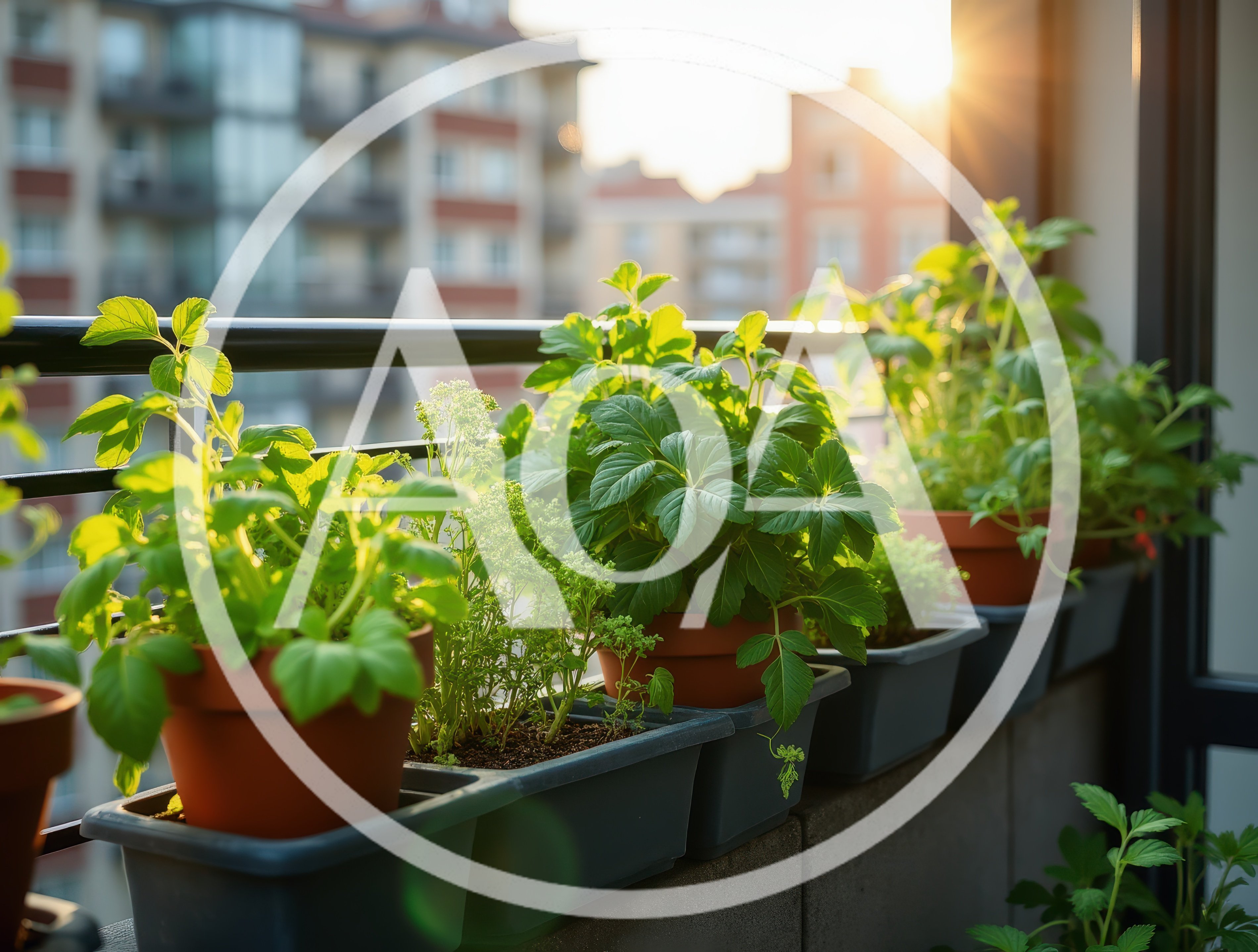 Potted Herb Garden on a Sunny Apartment Balcony
