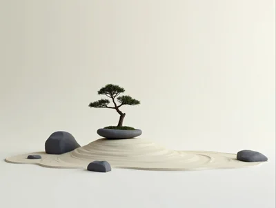 Minimalist Zen Garden With Bonsai Tree And Stones
