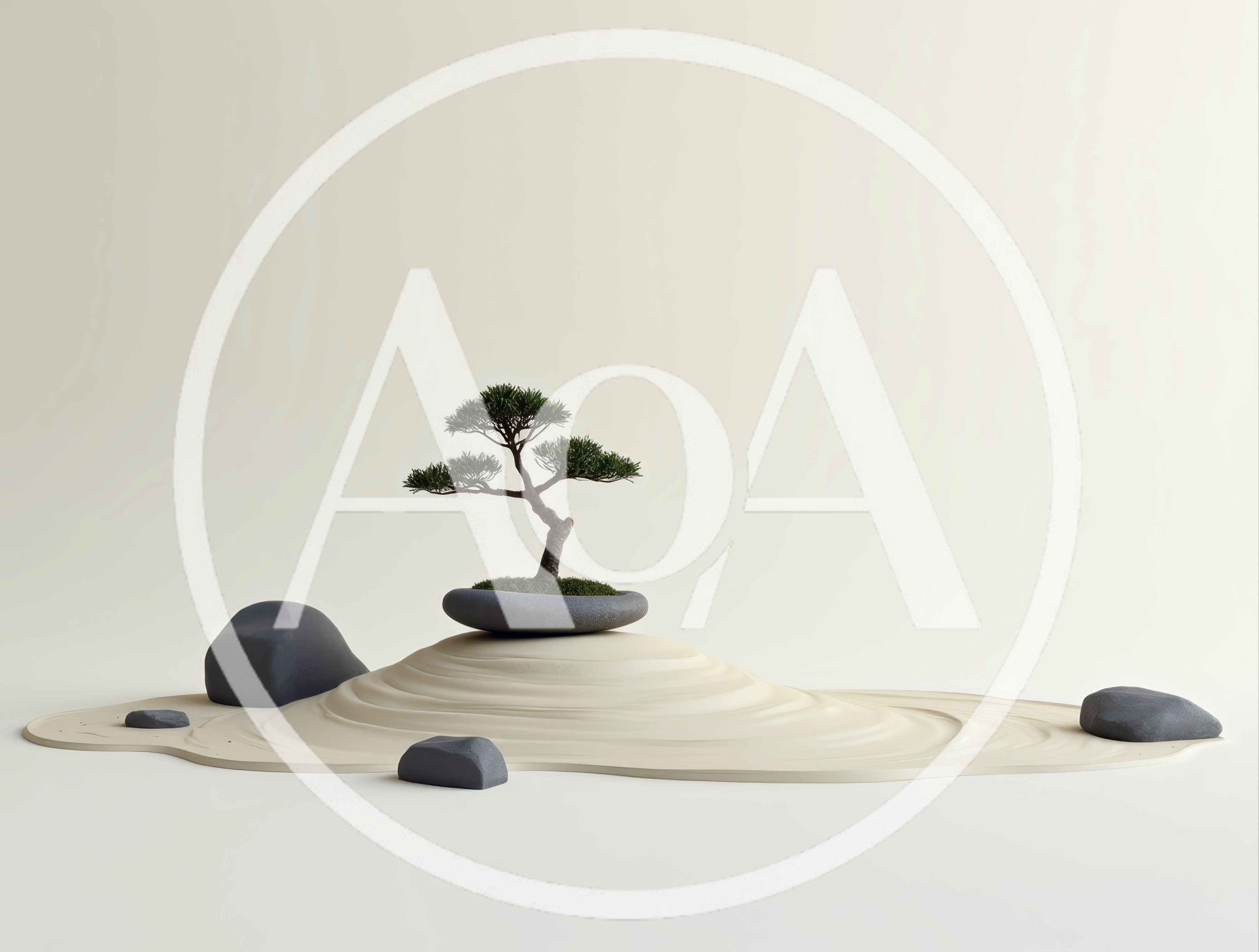 Minimalist Zen Garden With Bonsai Tree And Stones