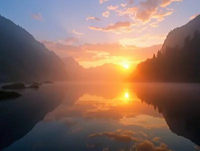 Golden Sunrise Over A Misty Mountain Lake