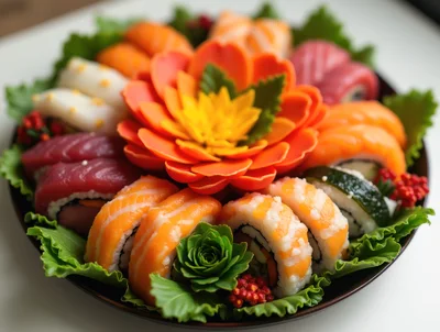 Assorted Sushi Platter With Decorative Vegetable Garnish