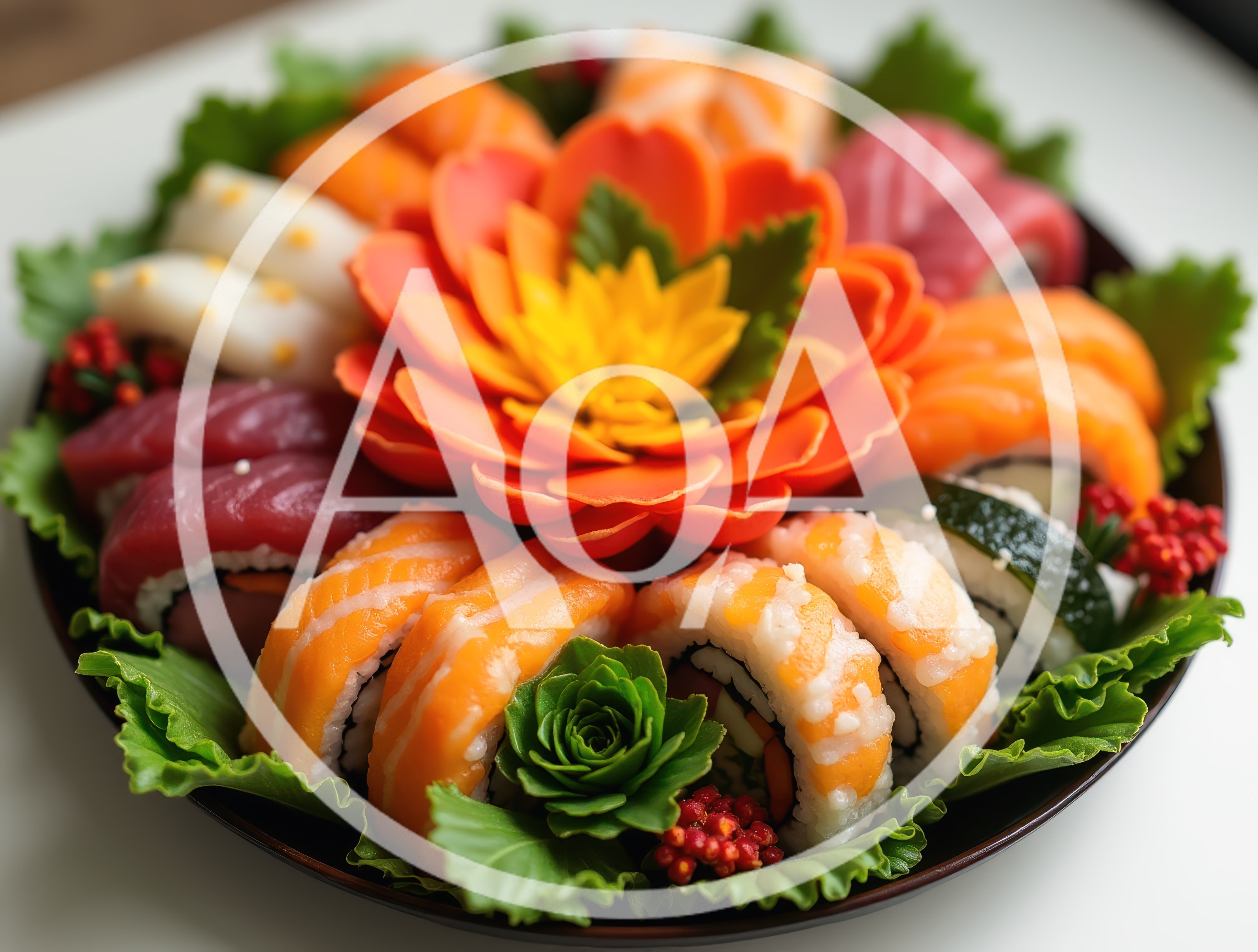 Assorted Sushi Platter With Decorative Vegetable Garnish