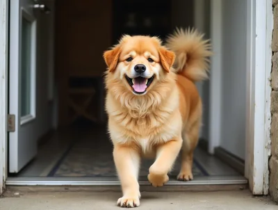 Happy Golden Retriever Mix Dog Walking Through Doorway