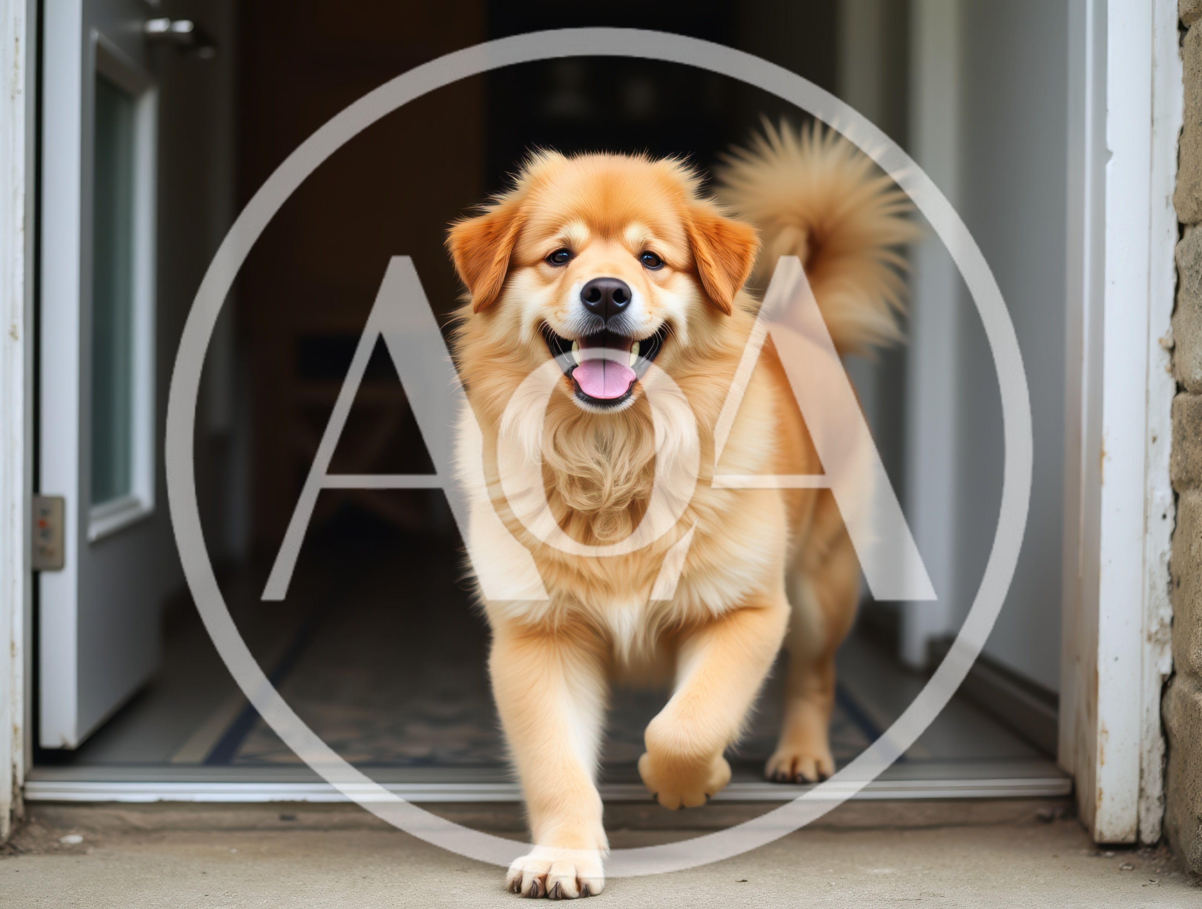 Happy Golden Retriever Mix Dog Walking Through Doorway