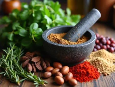 Mortar and Pestle with Assorted Spices and Herbs