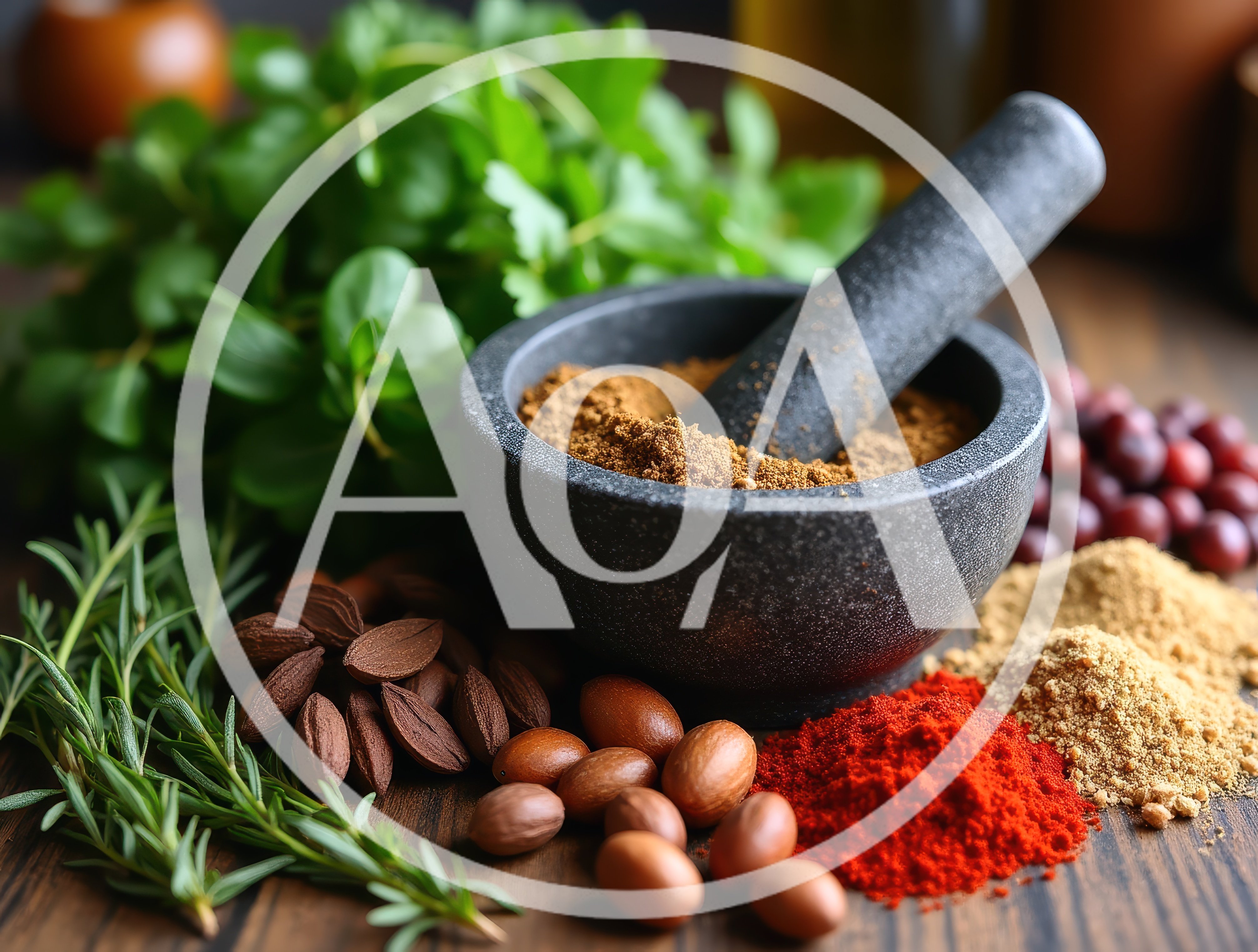 Mortar and Pestle with Assorted Spices and Herbs