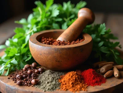 Wooden Mortar And Pestle With Assorted Spices