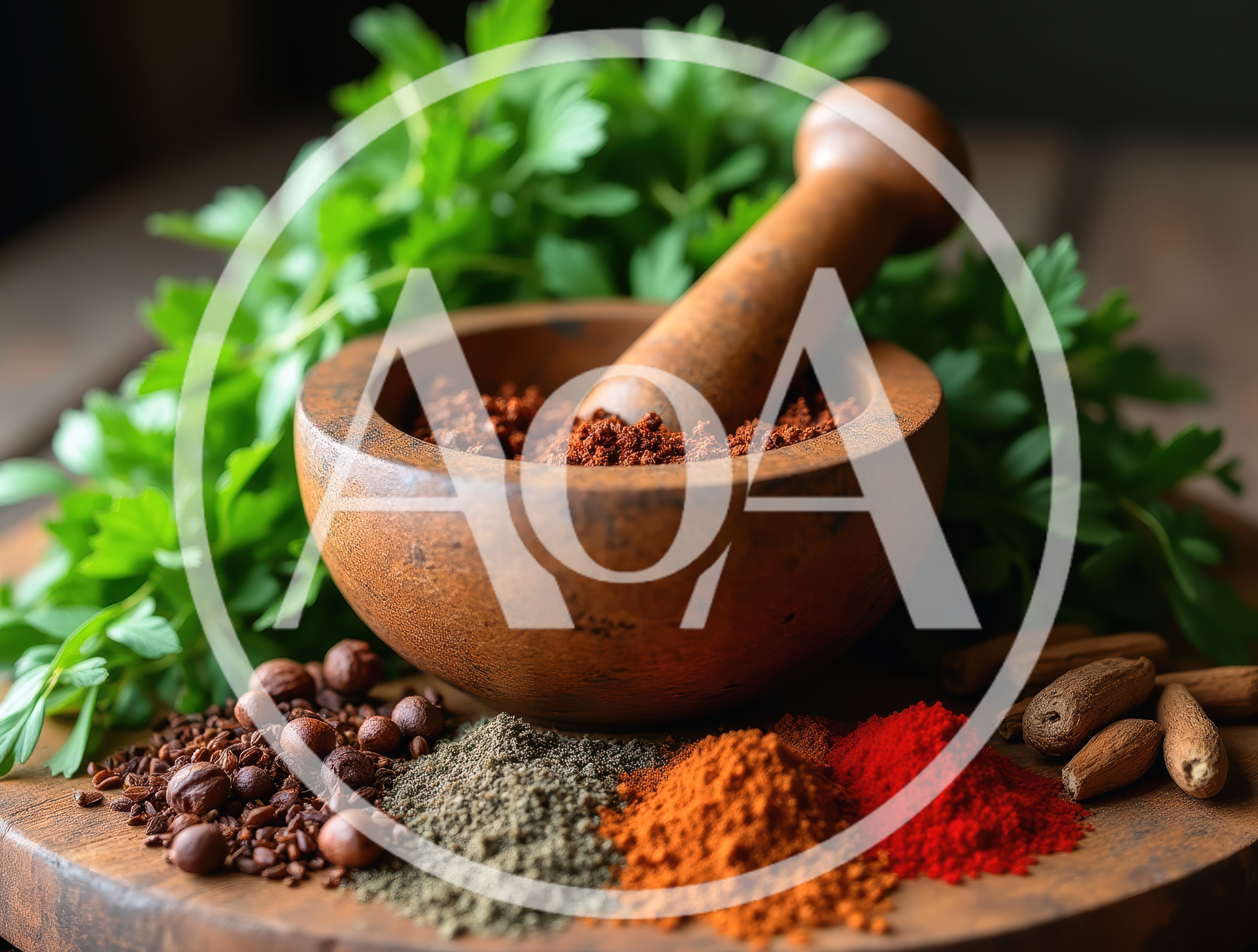 Wooden Mortar And Pestle With Assorted Spices