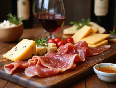 Gourmet Charcuterie Board With Wine And Cheese