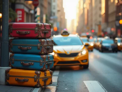 Stack Of Vintage Suitcases On A Busy City Street