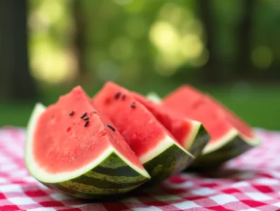 Fresh Watermelon Slices On A Picnic Table
