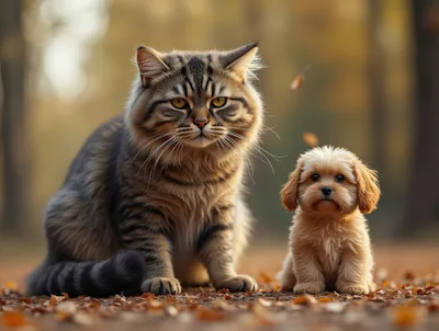 Tabby Cat And Small Puppy Sitting Together