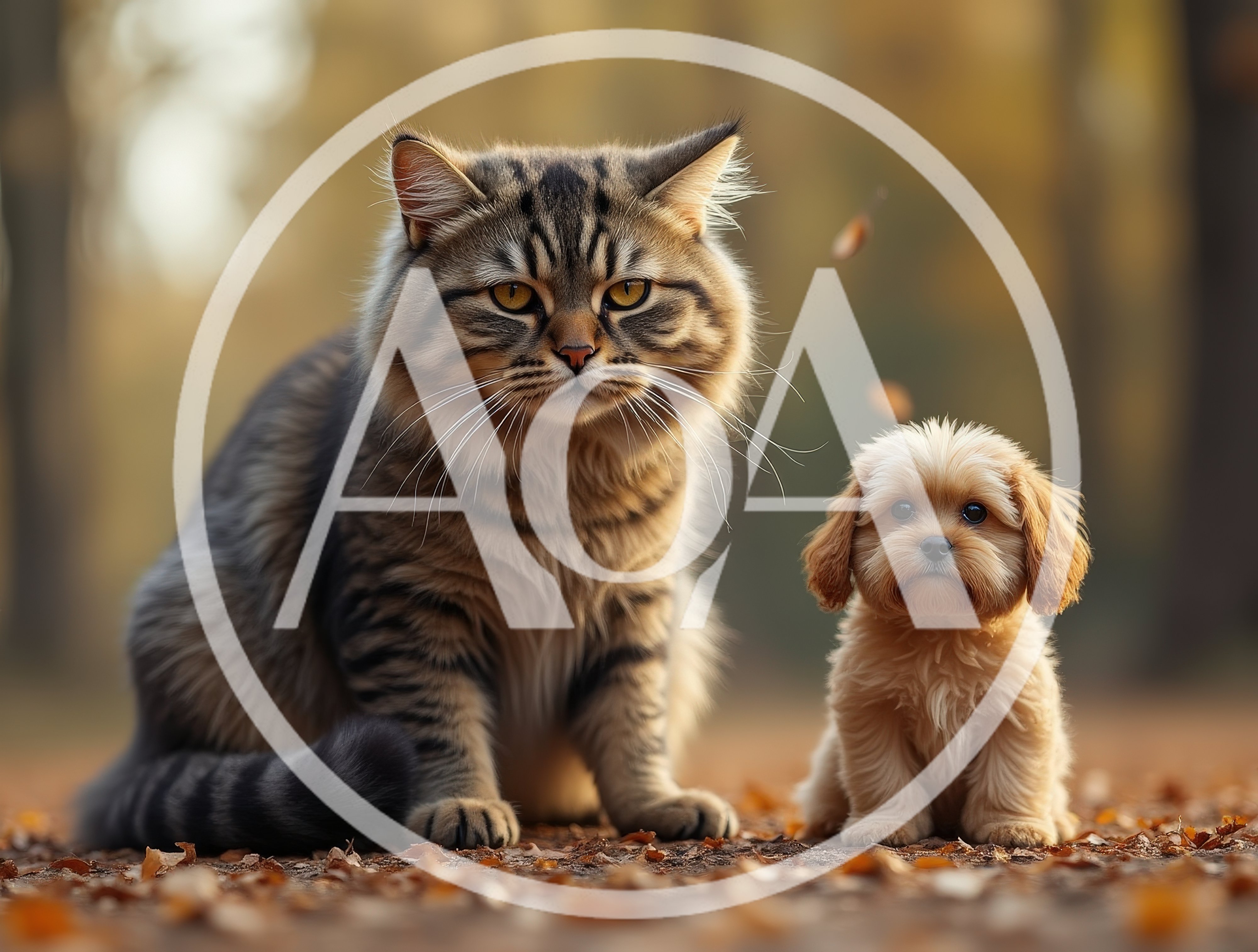 Tabby Cat And Small Puppy Sitting Together