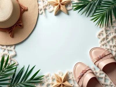 Summer Vacation Flat Lay With Hat And Sandals