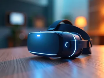 Virtual Reality Headset Resting On A Wooden Table