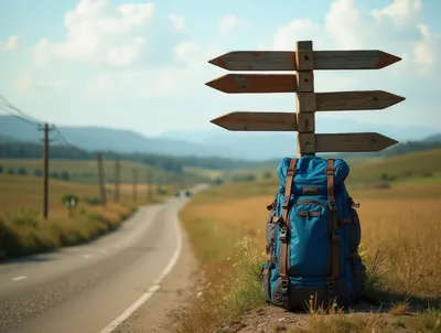 Blue Hiking Backpack Beside Wooden Signpost on Country Road