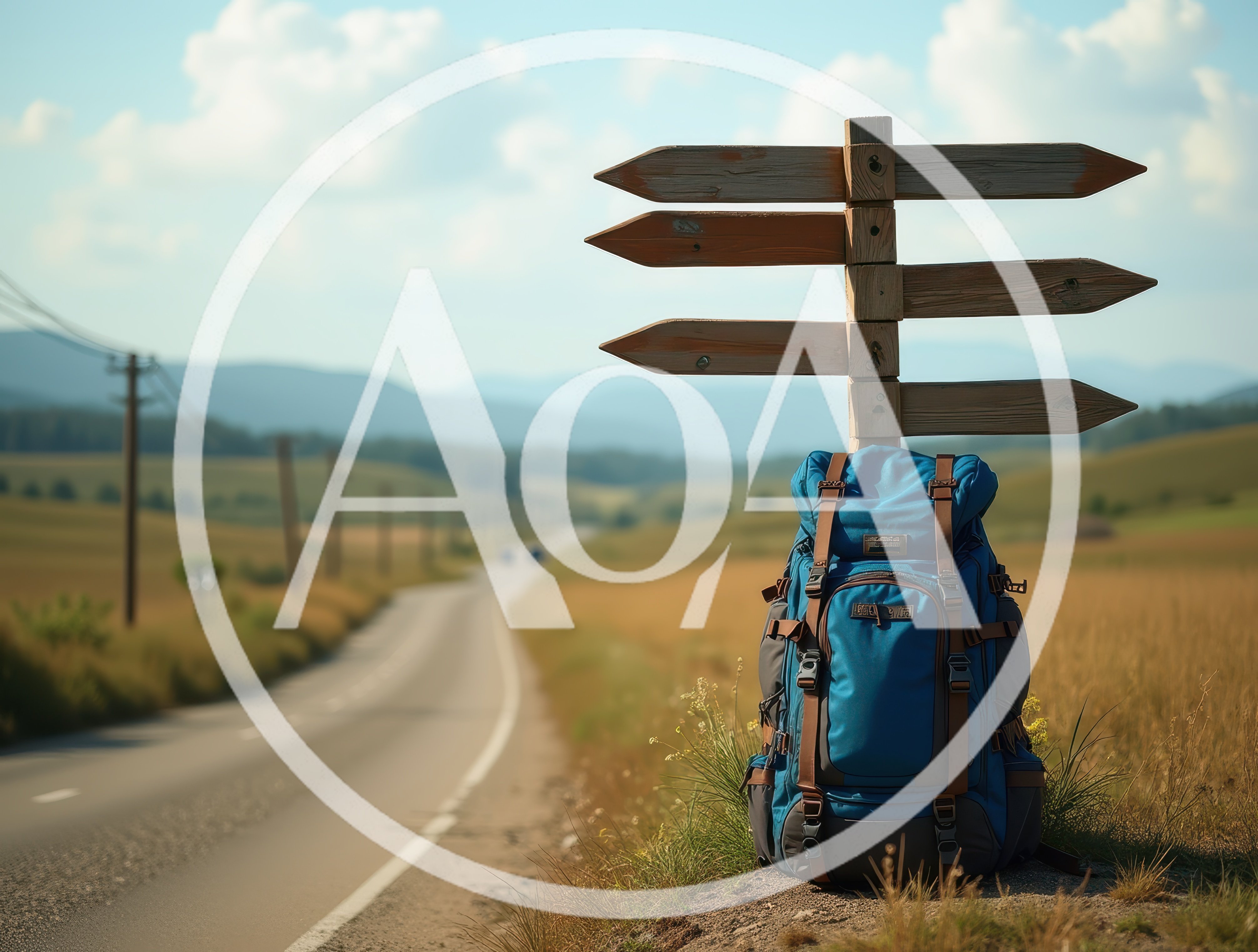 Blue Hiking Backpack Beside Wooden Signpost on Country Road