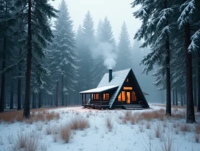 Cozy A-Frame Cabin in Snowy Pine Forest