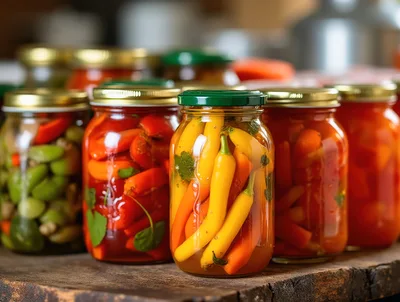 Assorted Jars of Pickled Vegetables on Wooden Table