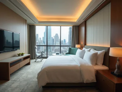 Modern Luxury Hotel Bedroom With City Skyline View
