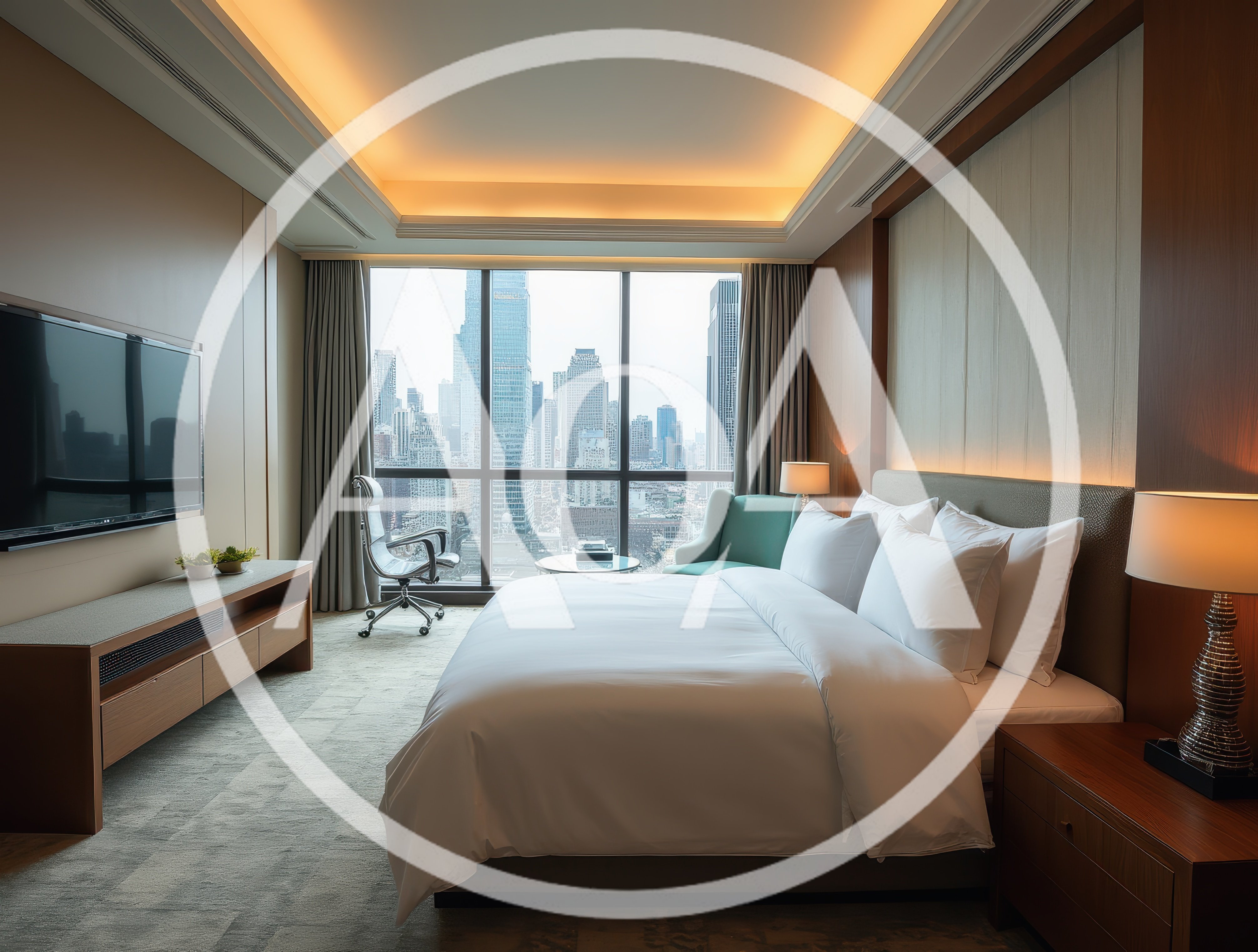 Modern Luxury Hotel Bedroom With City Skyline View