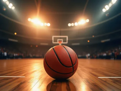 Basketball Resting on a Polished Indoor Court