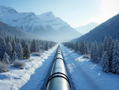 Industrial Pipeline Stretching Through Snowy Mountain Valley
