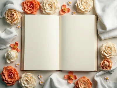 Open Blank Book Surrounded By Roses And Fabric