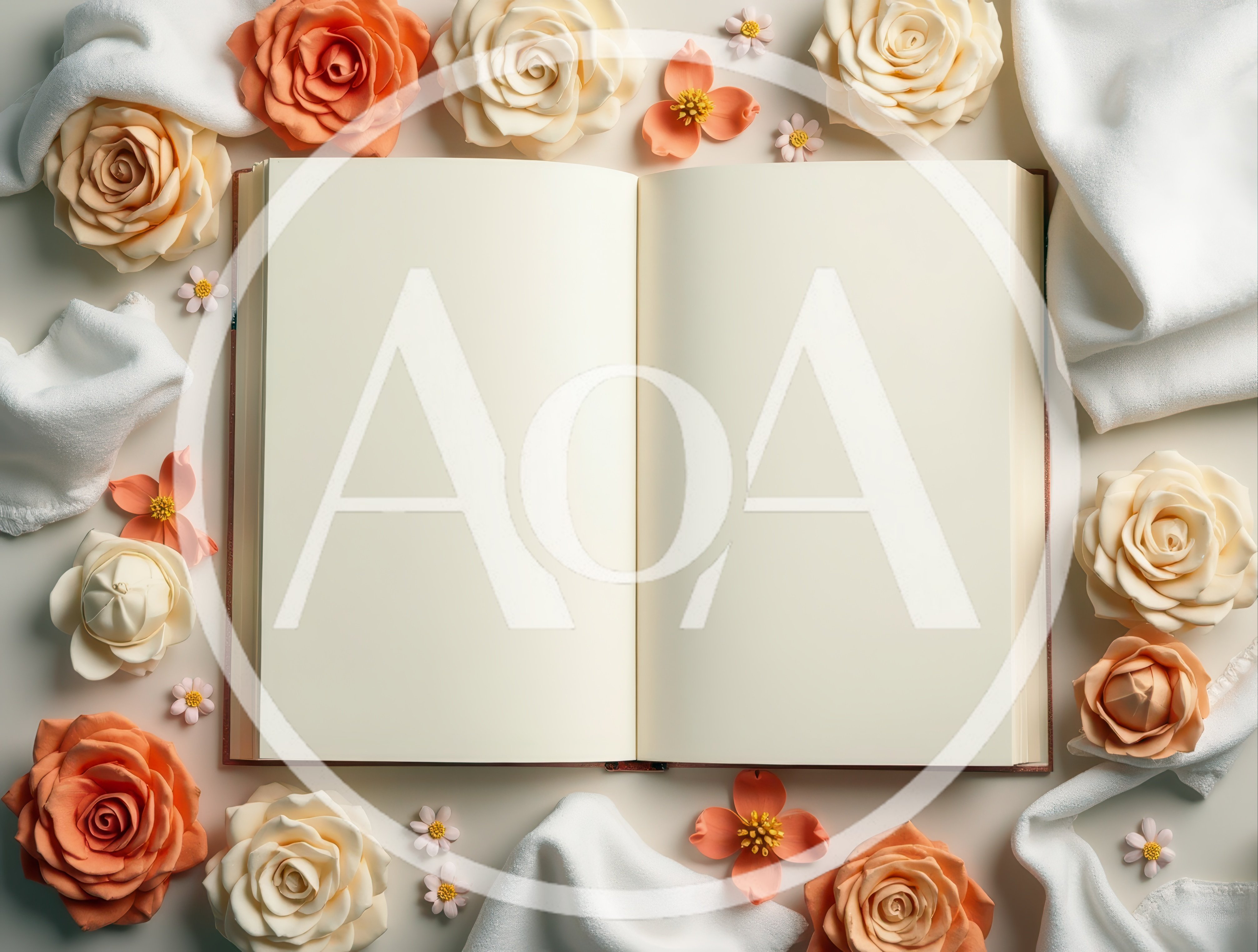 Open Blank Book Surrounded By Roses And Fabric
