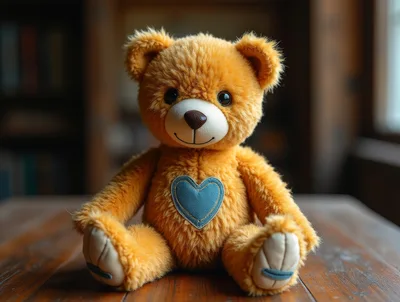 Cute Brown Teddy Bear With Blue Heart Patch
