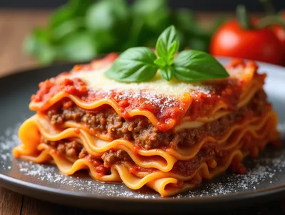 Delicious Homemade Lasagna With Meat Sauce And Basil