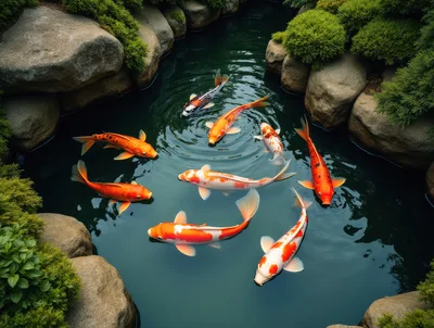 Group Of Vibrant Koi Fish Swimming In Garden Pond
