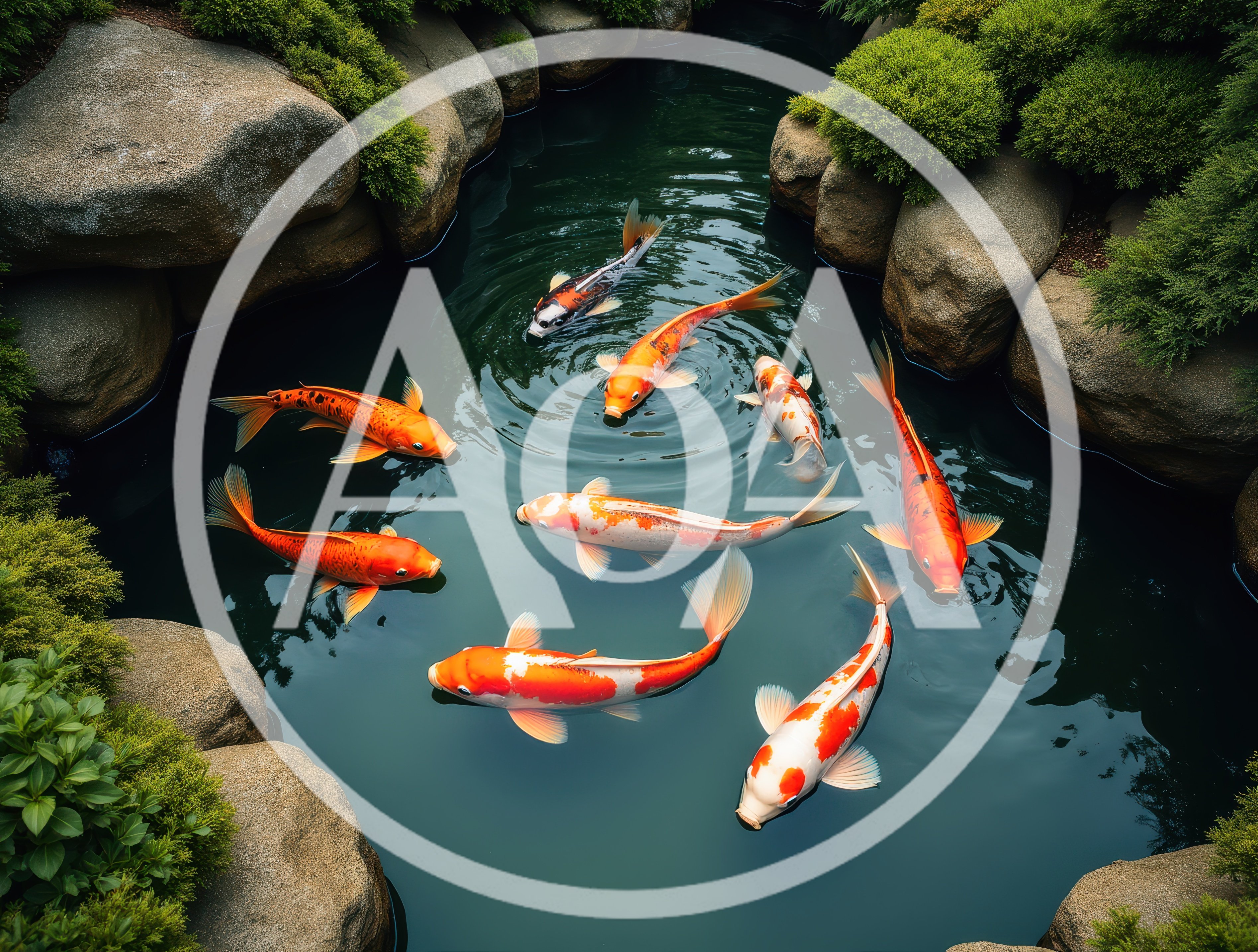 Group Of Vibrant Koi Fish Swimming In Garden Pond