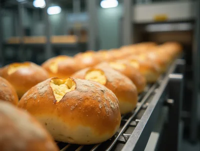 Freshly Baked Bread Rolls On Industrial Conveyor Belt