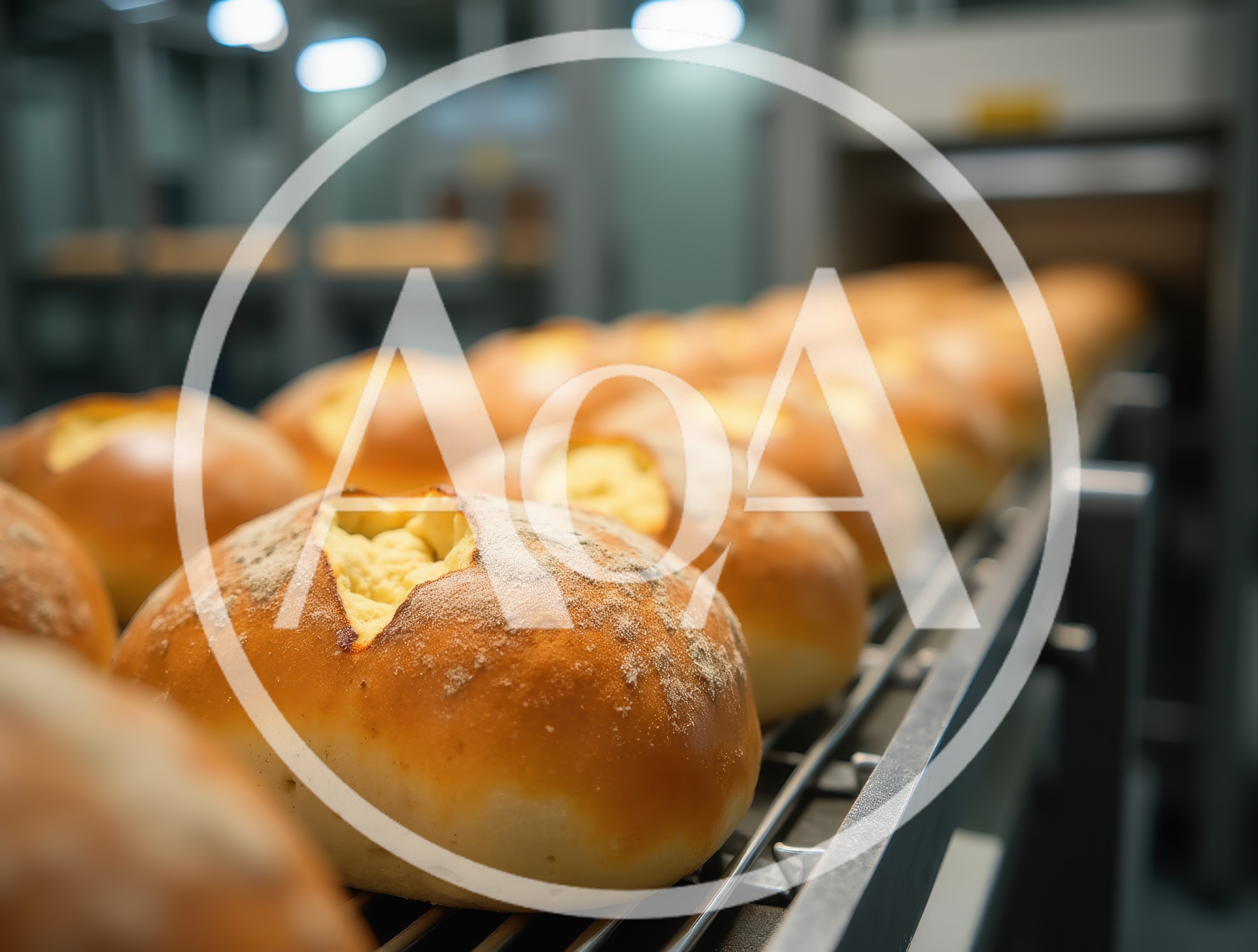 Freshly Baked Bread Rolls On Industrial Conveyor Belt