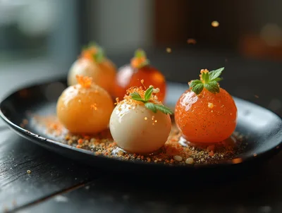 Gourmet Molecular Gastronomy Spheres on Black Plate