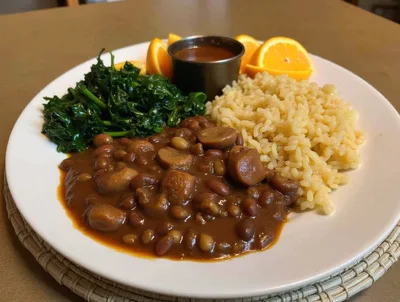 Plate Of Beans And Rice With Greens And Oranges