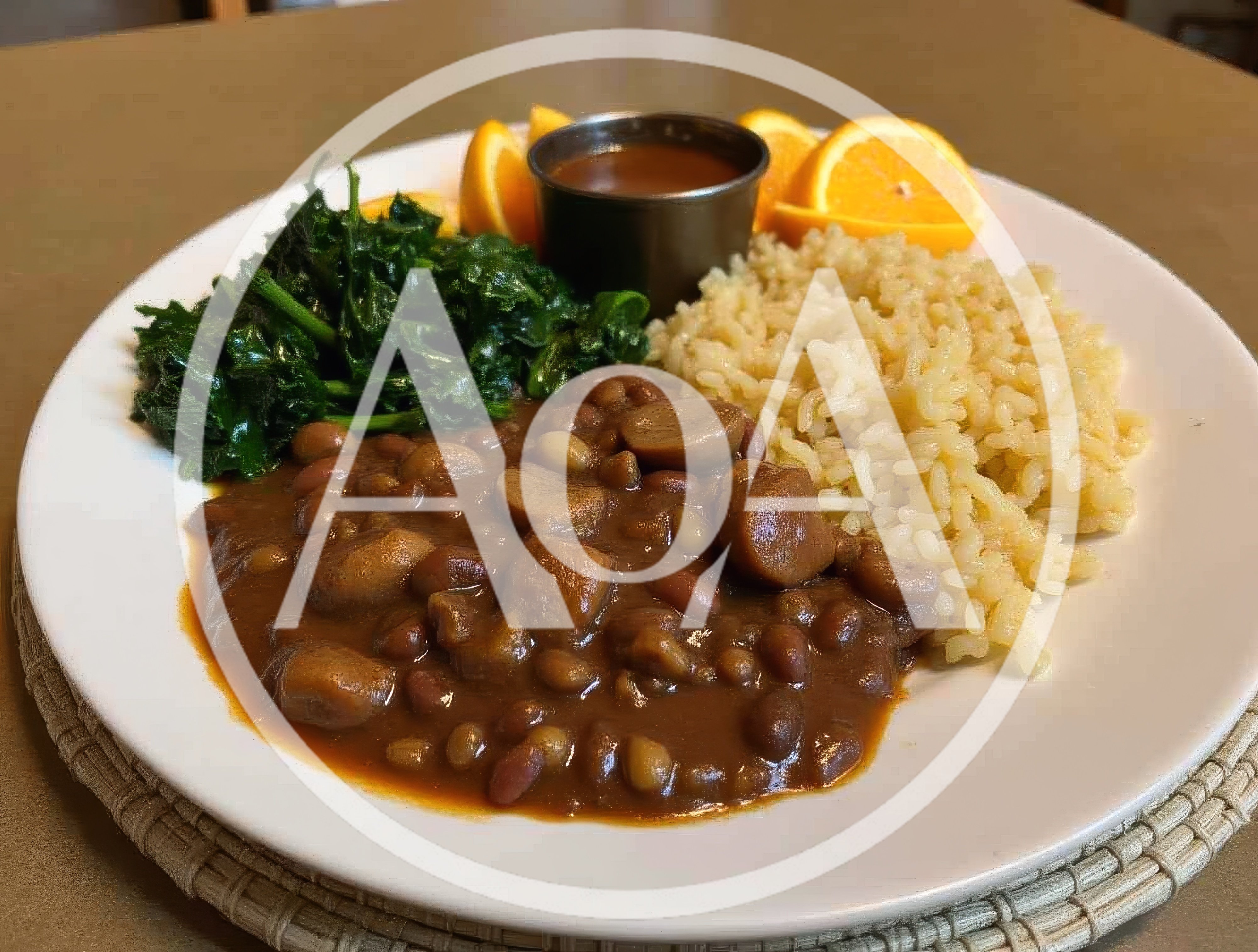 Plate Of Beans And Rice With Greens And Oranges