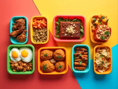 Top View Of Colorful Meal Prep Containers