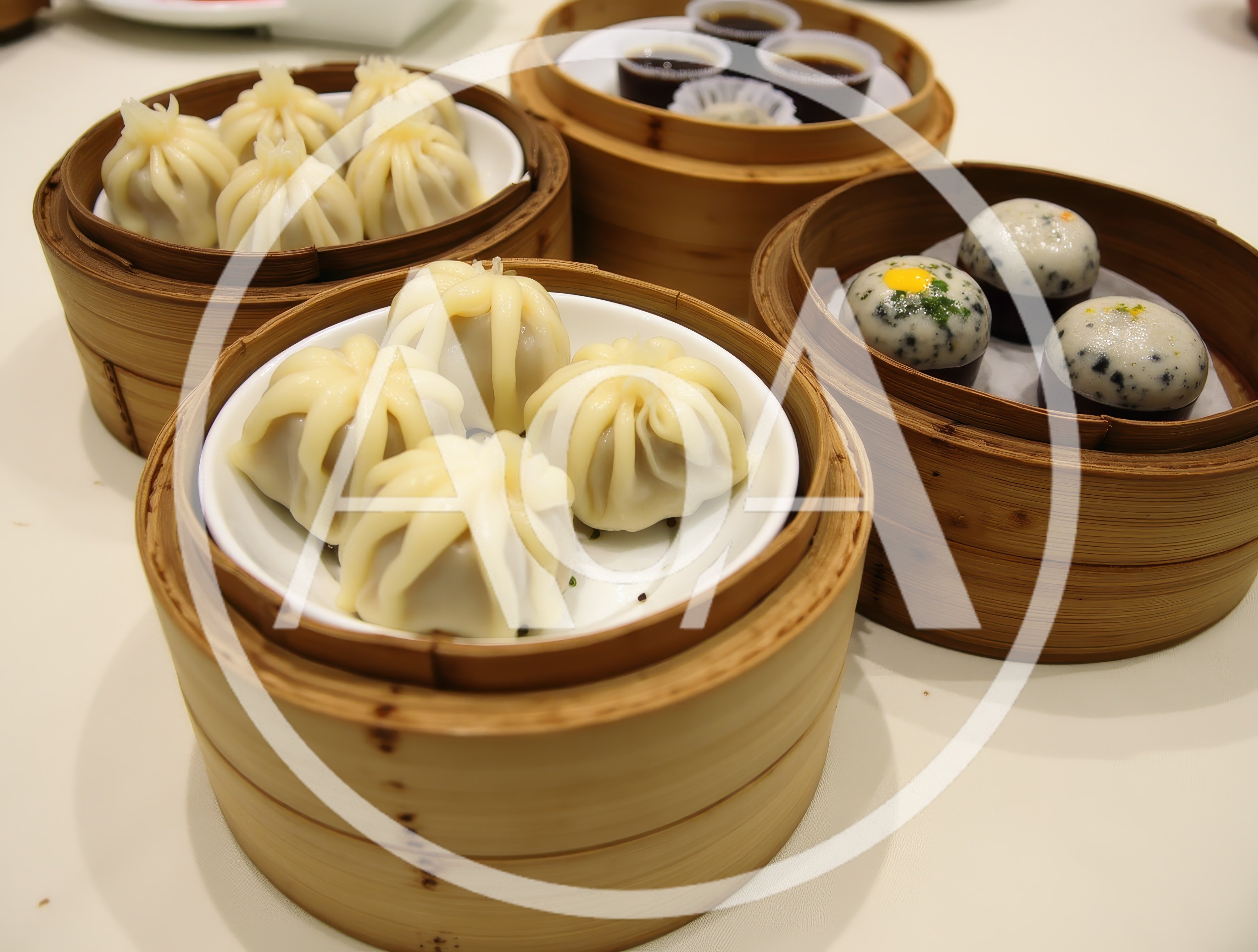 Assorted Dim Sum Served In Bamboo Steamers